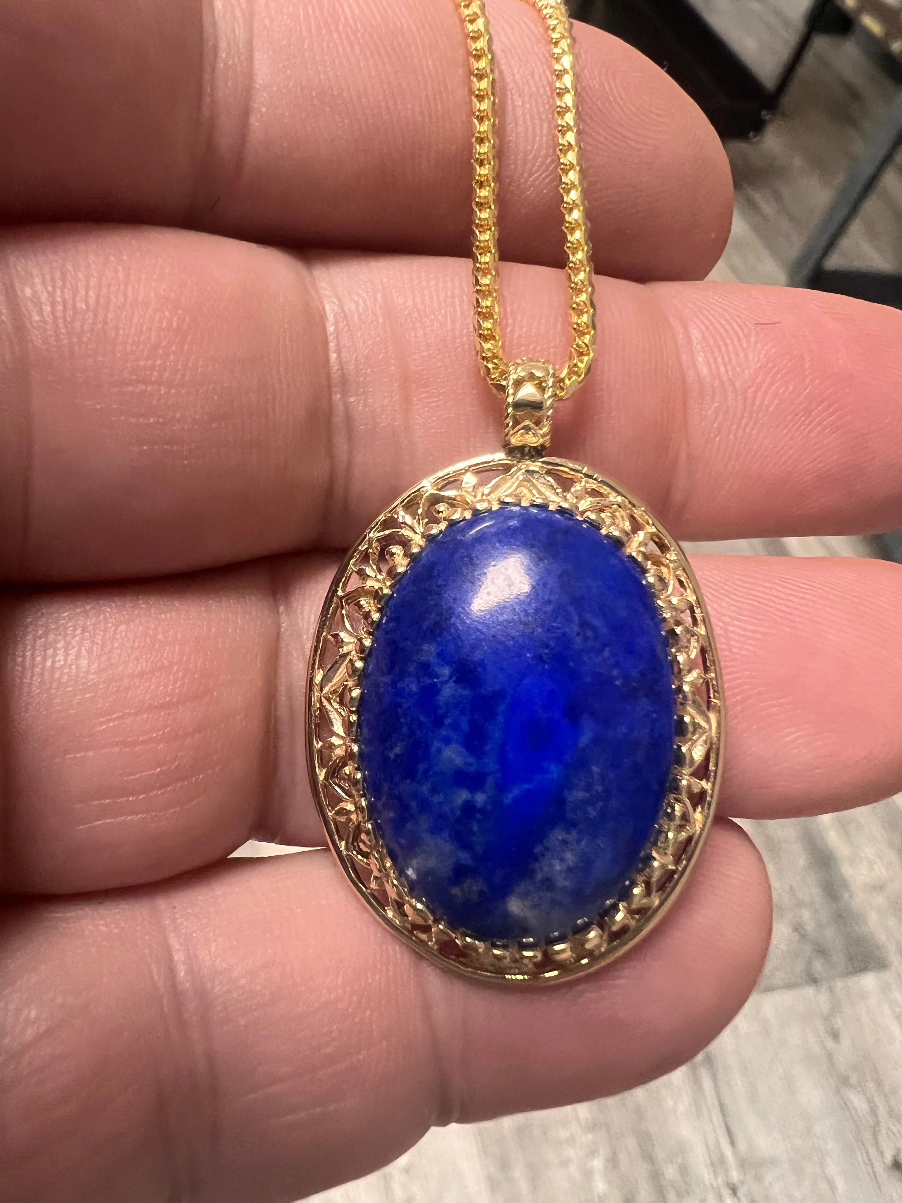 14K Yellow gold solid palm chain lápiz lazuli cabochon oval pendant state piece-3738384