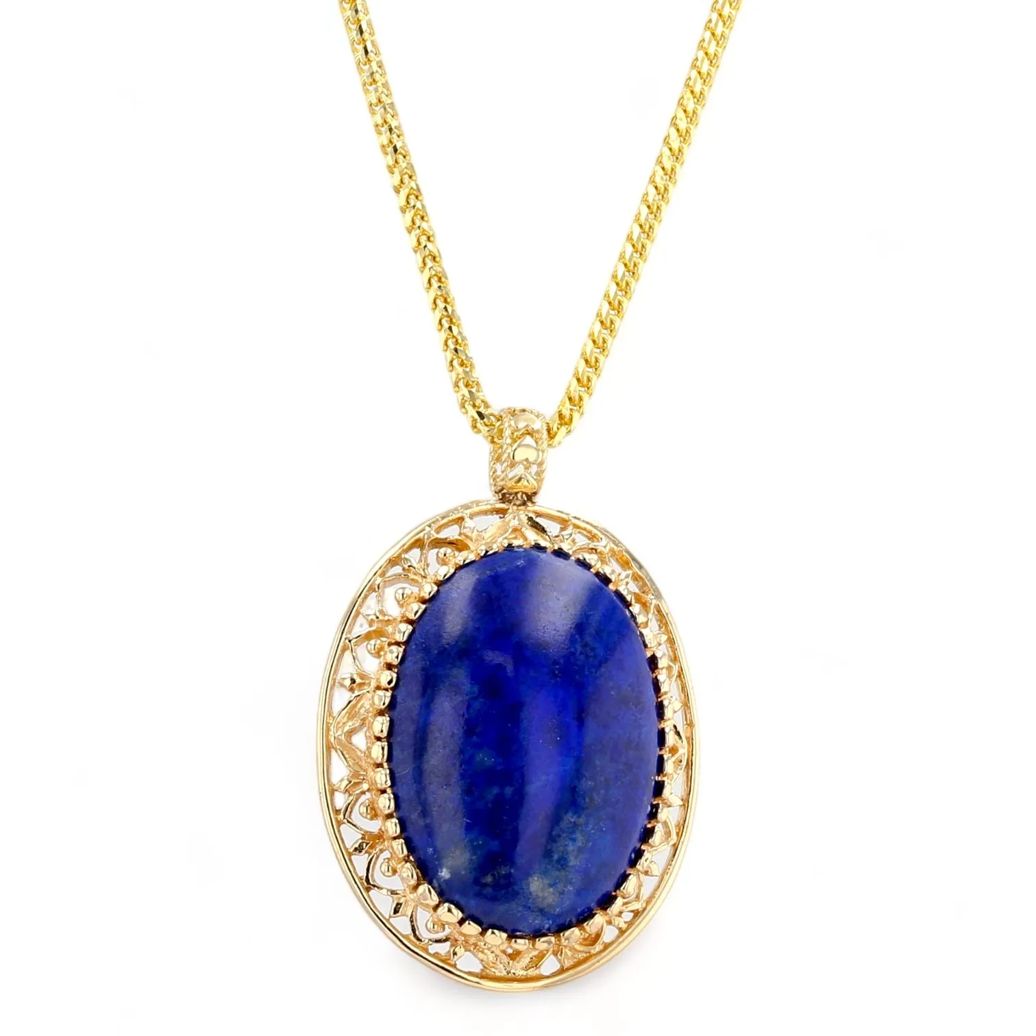 14K Yellow gold solid palm chain lápiz lazuli cabochon oval pendant state piece-3738384