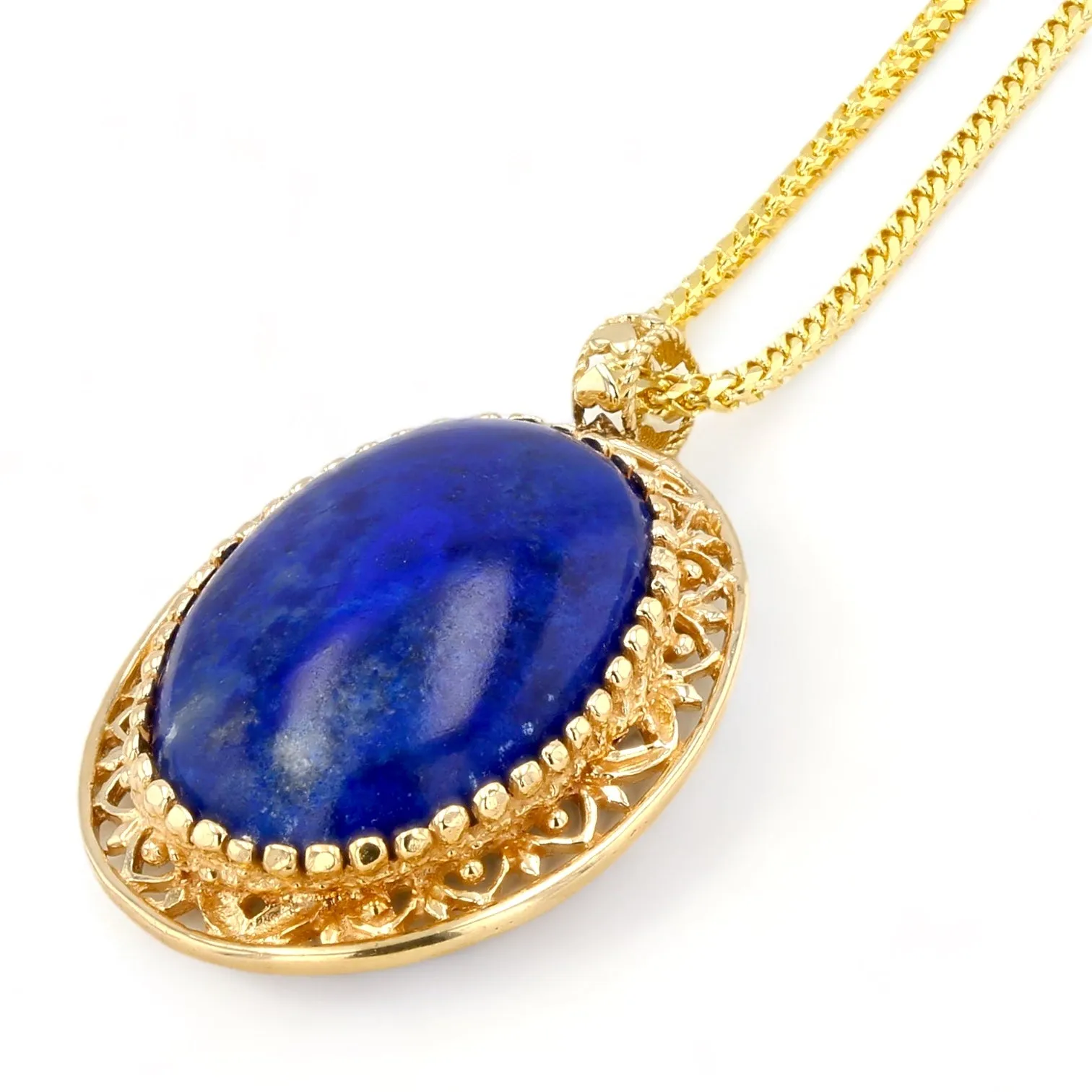 14K Yellow gold solid palm chain lápiz lazuli cabochon oval pendant state piece-3738384