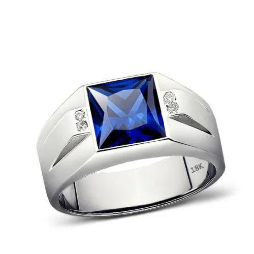 18K Stamped Solid White Gold Engagement Ring for Men 4 Natural Diamonds and Blue Sapphire