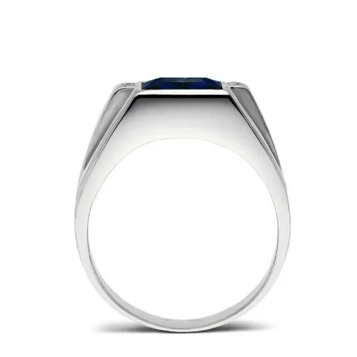 18K Stamped Solid White Gold Engagement Ring for Men 4 Natural Diamonds and Blue Sapphire