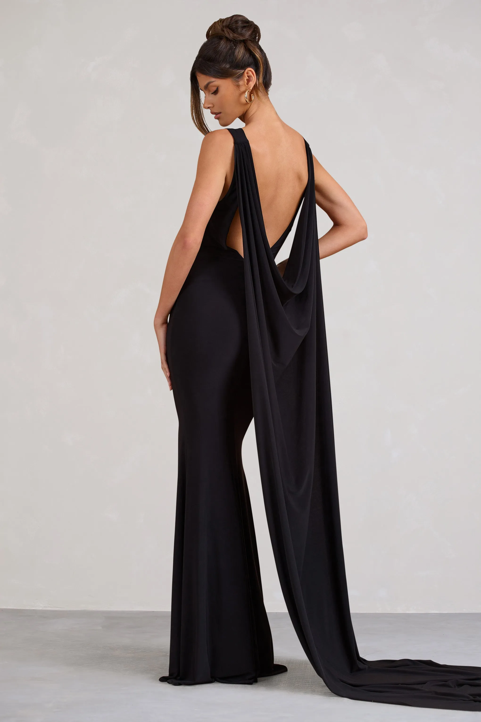 A Toast | Black Split Maxi Dress With Draped Cape