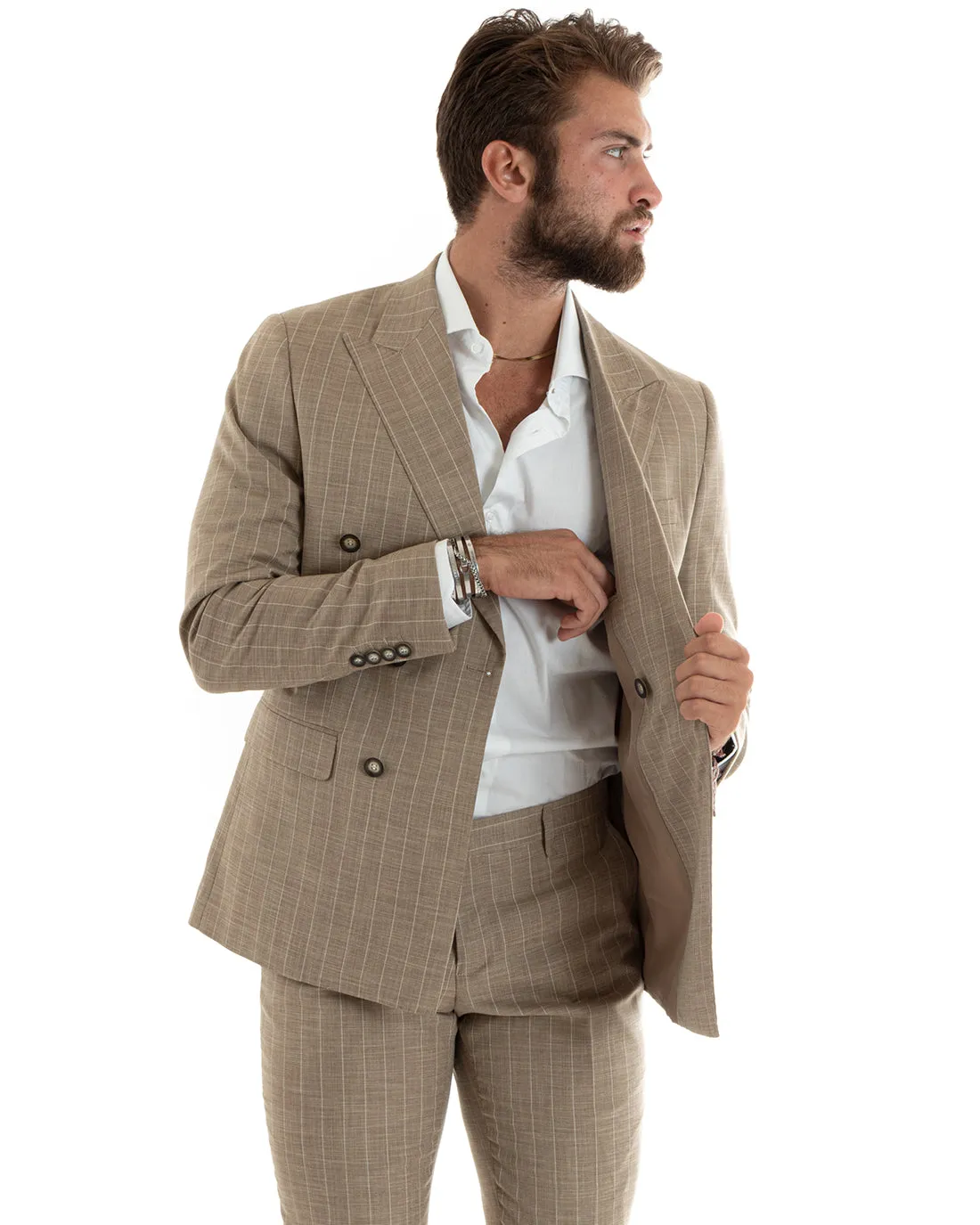 Abito Uomo Doppiopetto Vestito Completo Giacca Pantaloni Beige Gessato Elegante Casual GIOSAL-OU2403A