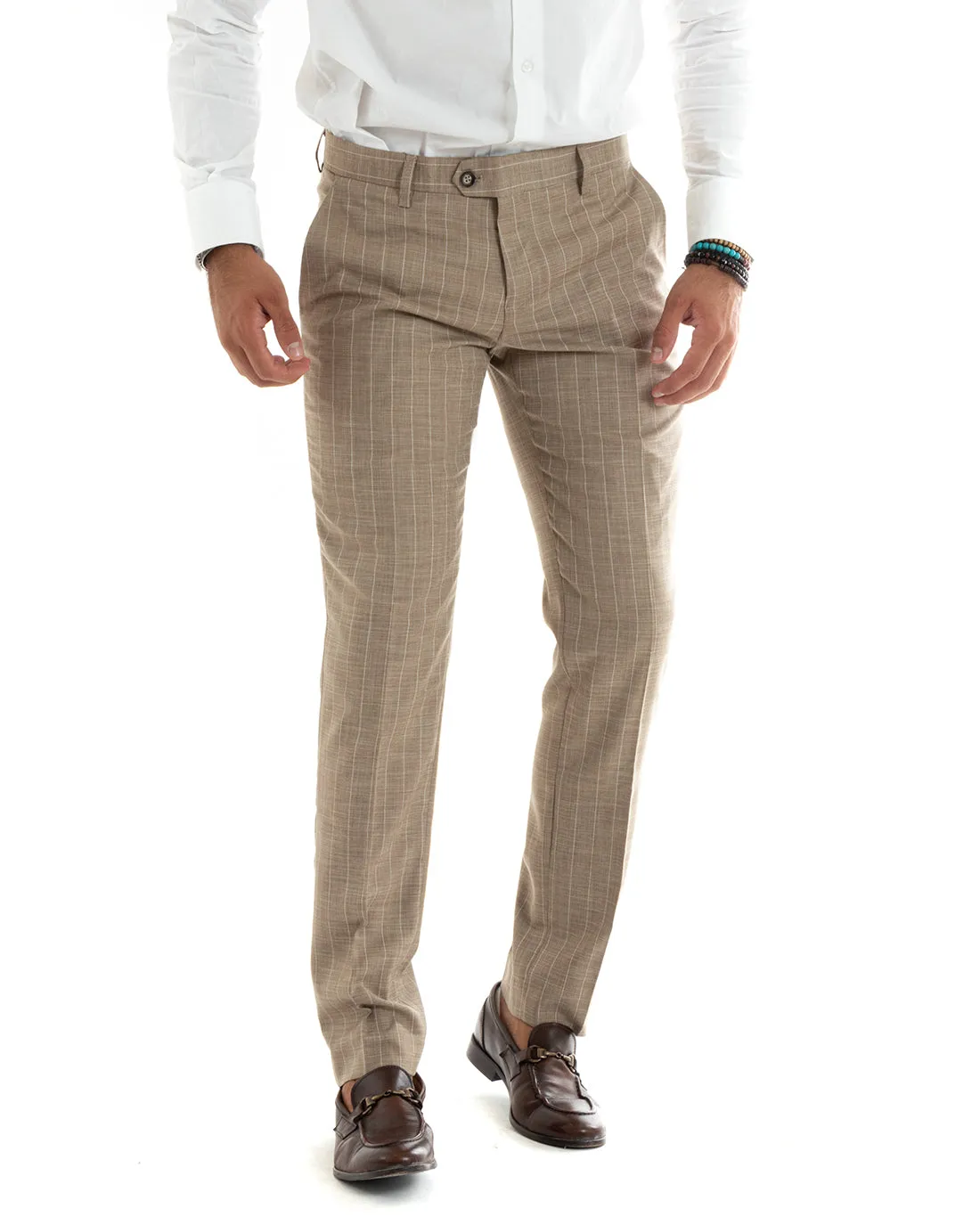 Abito Uomo Doppiopetto Vestito Completo Giacca Pantaloni Beige Gessato Elegante Casual GIOSAL-OU2403A