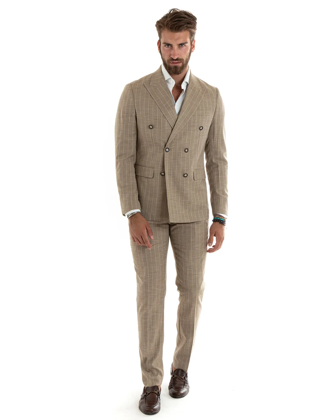 Abito Uomo Doppiopetto Vestito Completo Giacca Pantaloni Beige Gessato Elegante Casual GIOSAL-OU2403A