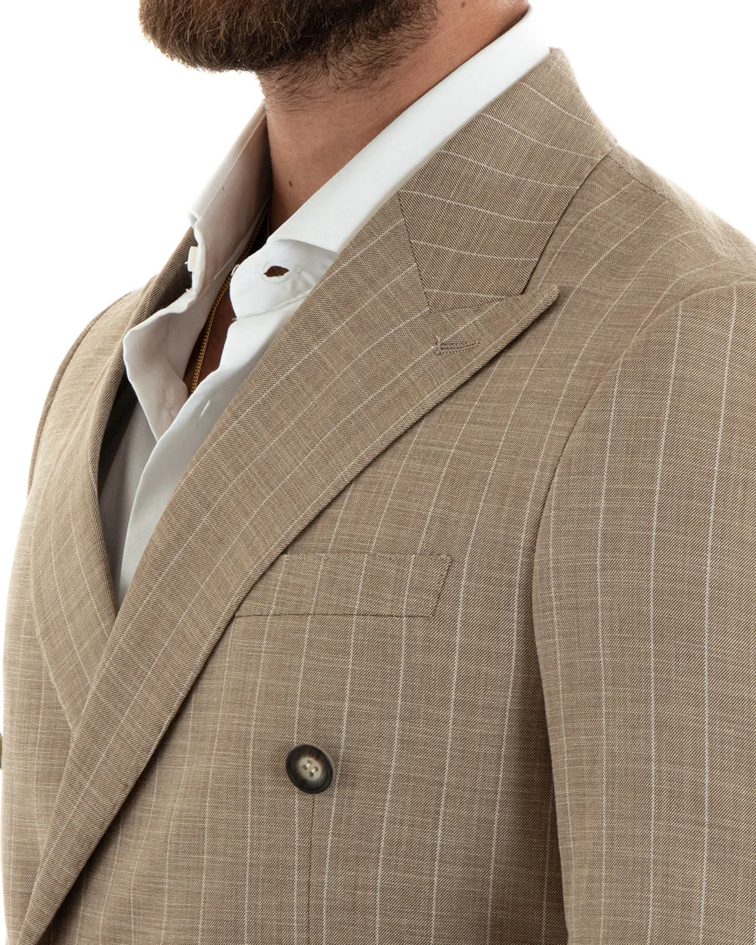 Abito Uomo Doppiopetto Vestito Completo Giacca Pantaloni Beige Gessato Elegante Casual GIOSAL-OU2403A