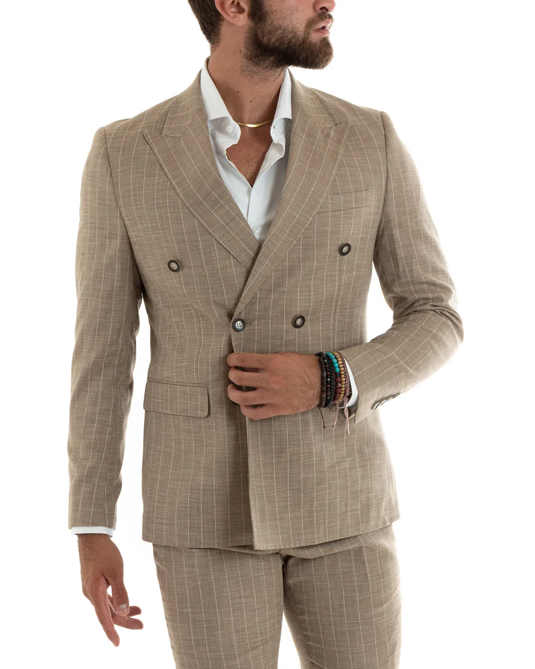 Abito Uomo Doppiopetto Vestito Completo Giacca Pantaloni Beige Gessato Elegante Casual GIOSAL-OU2403A