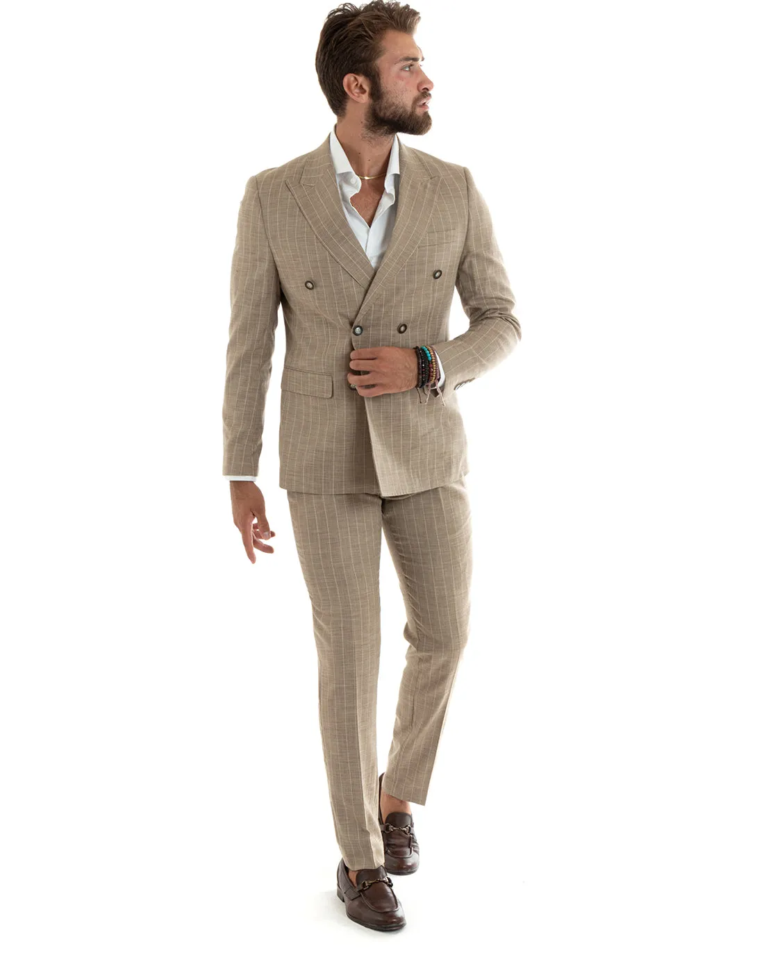 Abito Uomo Doppiopetto Vestito Completo Giacca Pantaloni Beige Gessato Elegante Casual GIOSAL-OU2403A