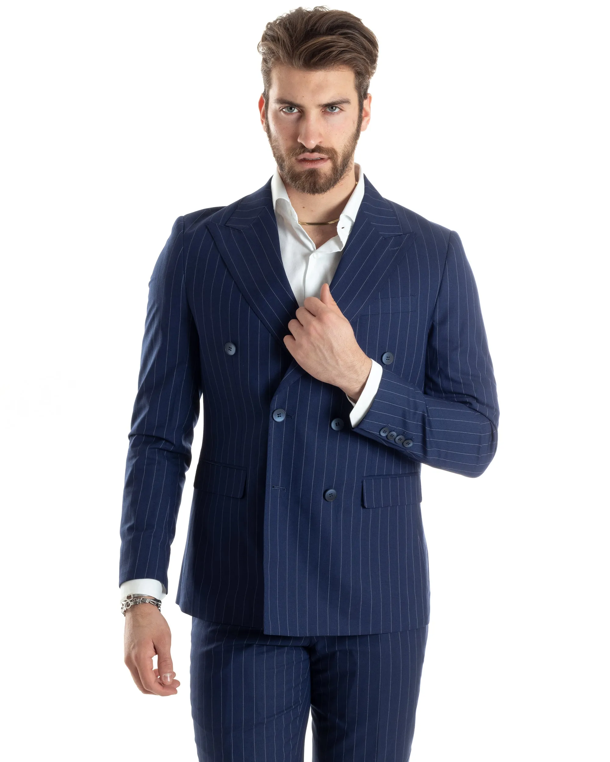 Abito Uomo Doppiopetto Vestito Completo Giacca Pantaloni Blu Gessato Elegante Casual GIOSAL-AE1027A