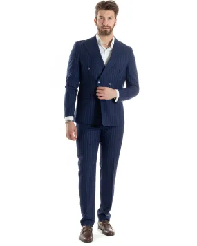 Abito Uomo Doppiopetto Vestito Completo Giacca Pantaloni Blu Gessato Elegante Casual GIOSAL-AE1027A