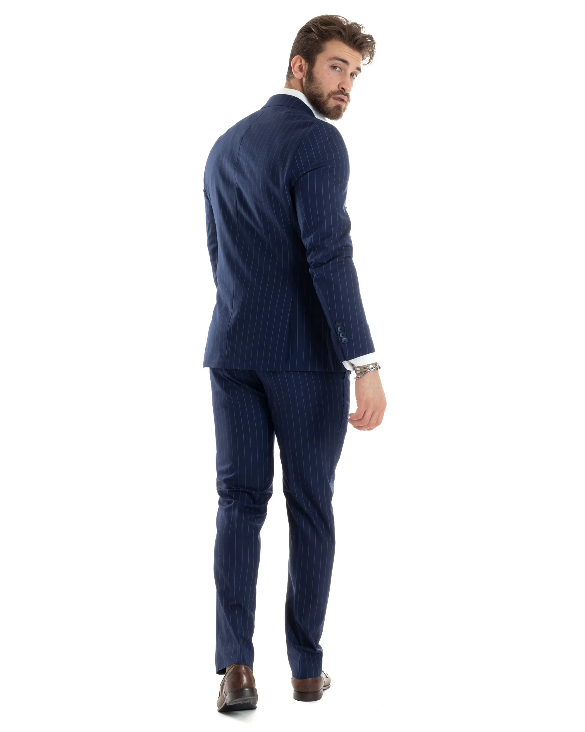 Abito Uomo Doppiopetto Vestito Completo Giacca Pantaloni Blu Gessato Elegante Casual GIOSAL-AE1027A