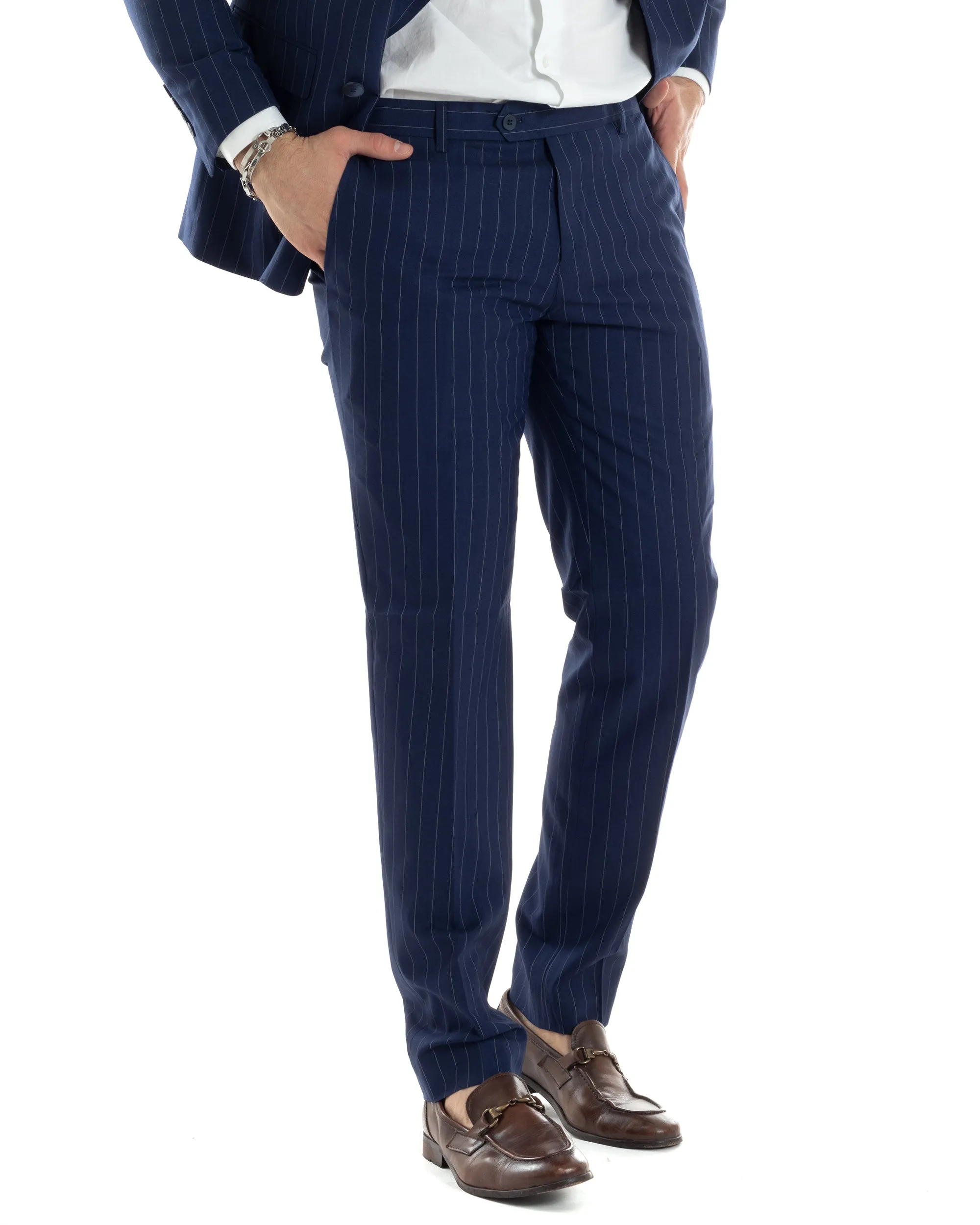 Abito Uomo Doppiopetto Vestito Completo Giacca Pantaloni Blu Gessato Elegante Casual GIOSAL-AE1027A