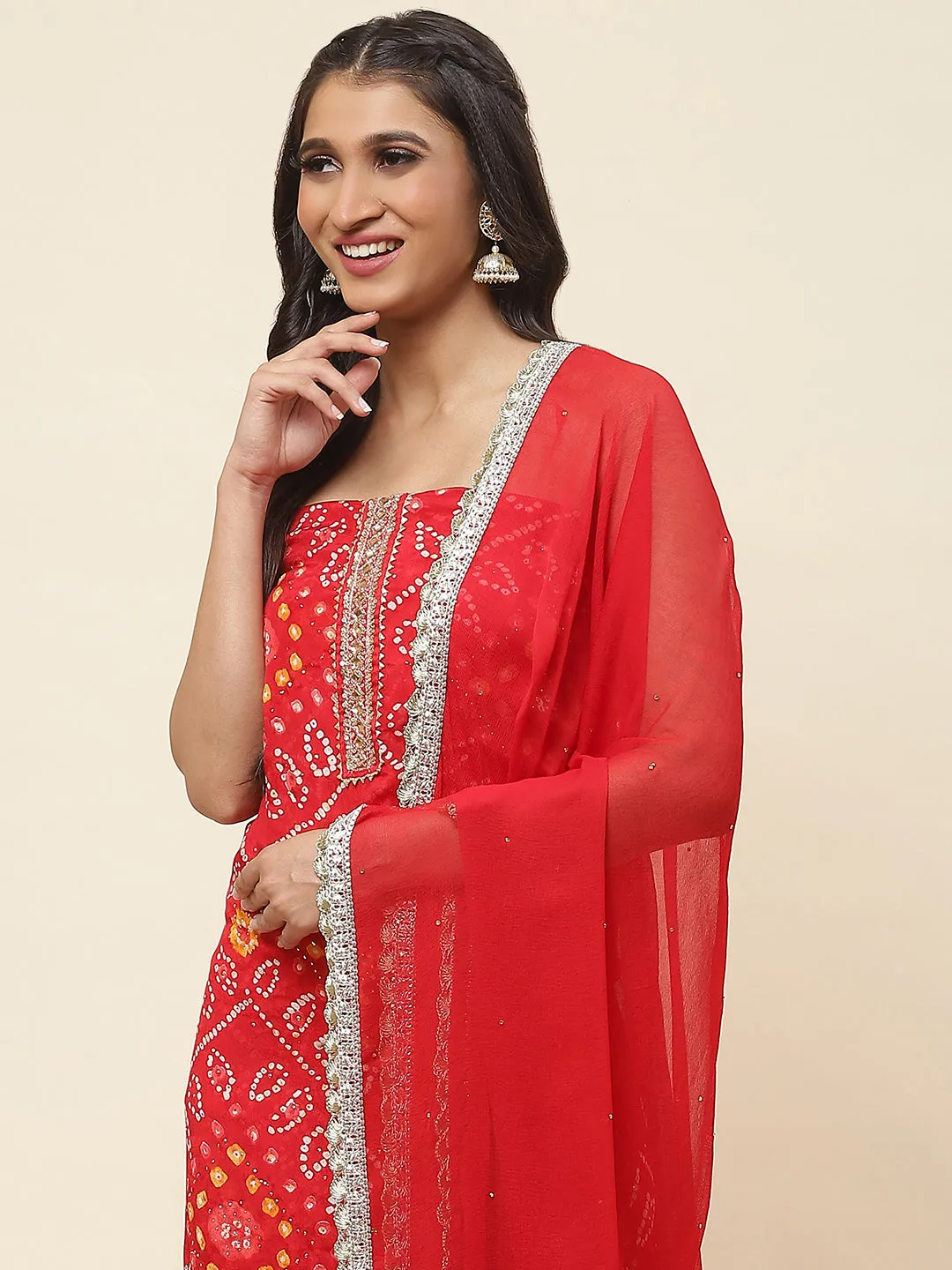 Bandhani Printed Chiffon Unstitched Suit Piece With Dupatta