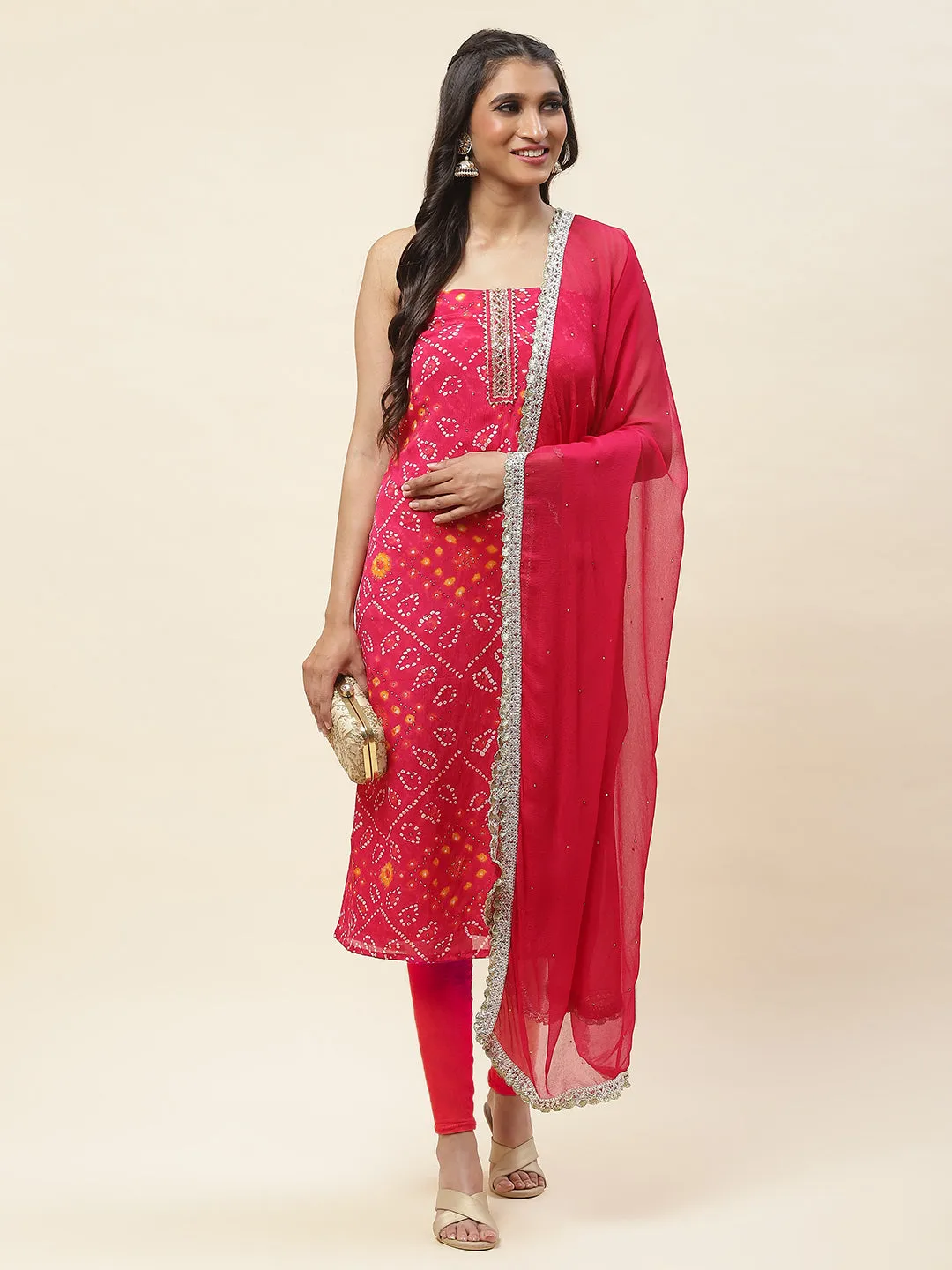 Bandhani Printed Chiffon Unstitched Suit Piece With Dupatta