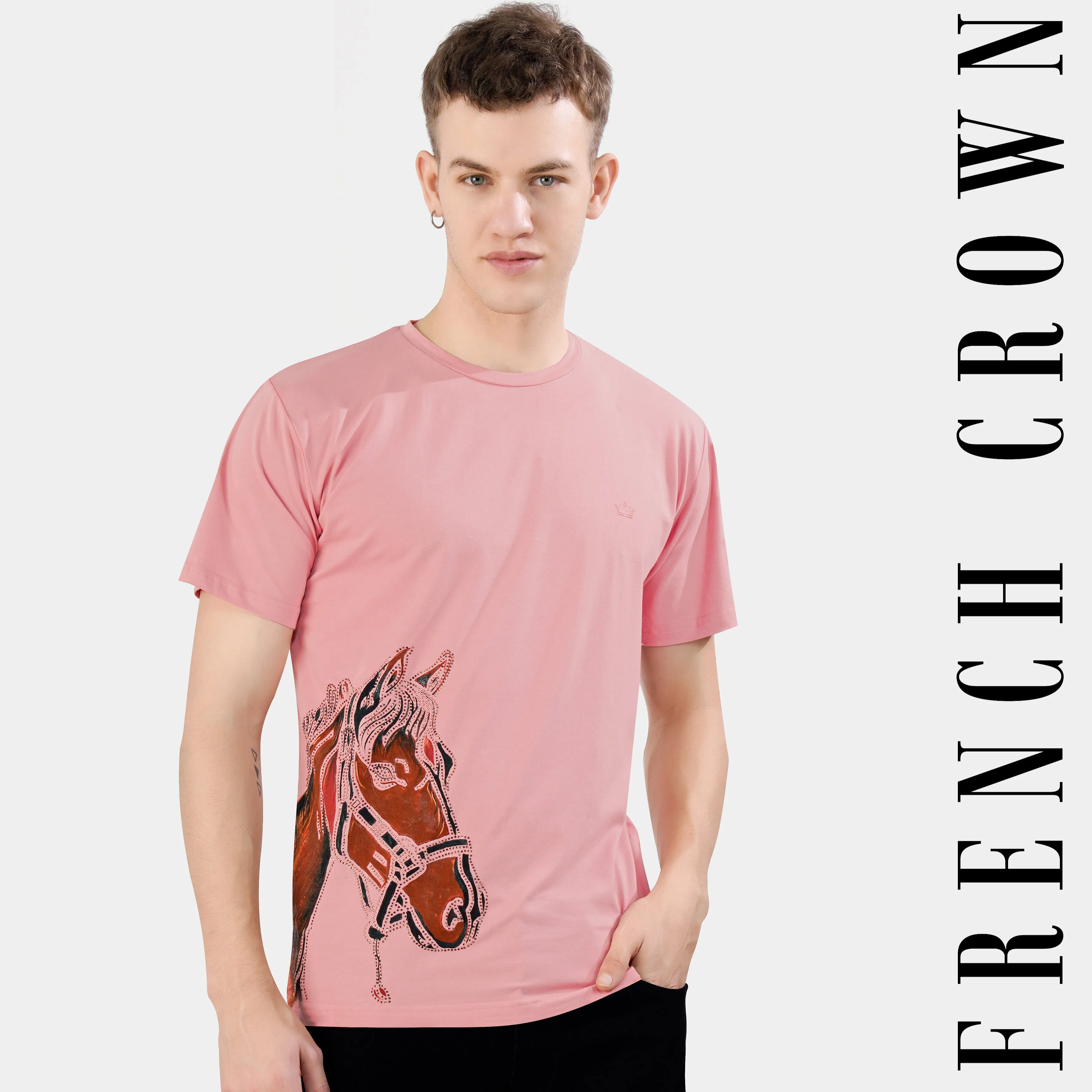 Beauty Bush Pink Funky Horse Hand Painted with Stonwork Organic Cotton T-Shirt