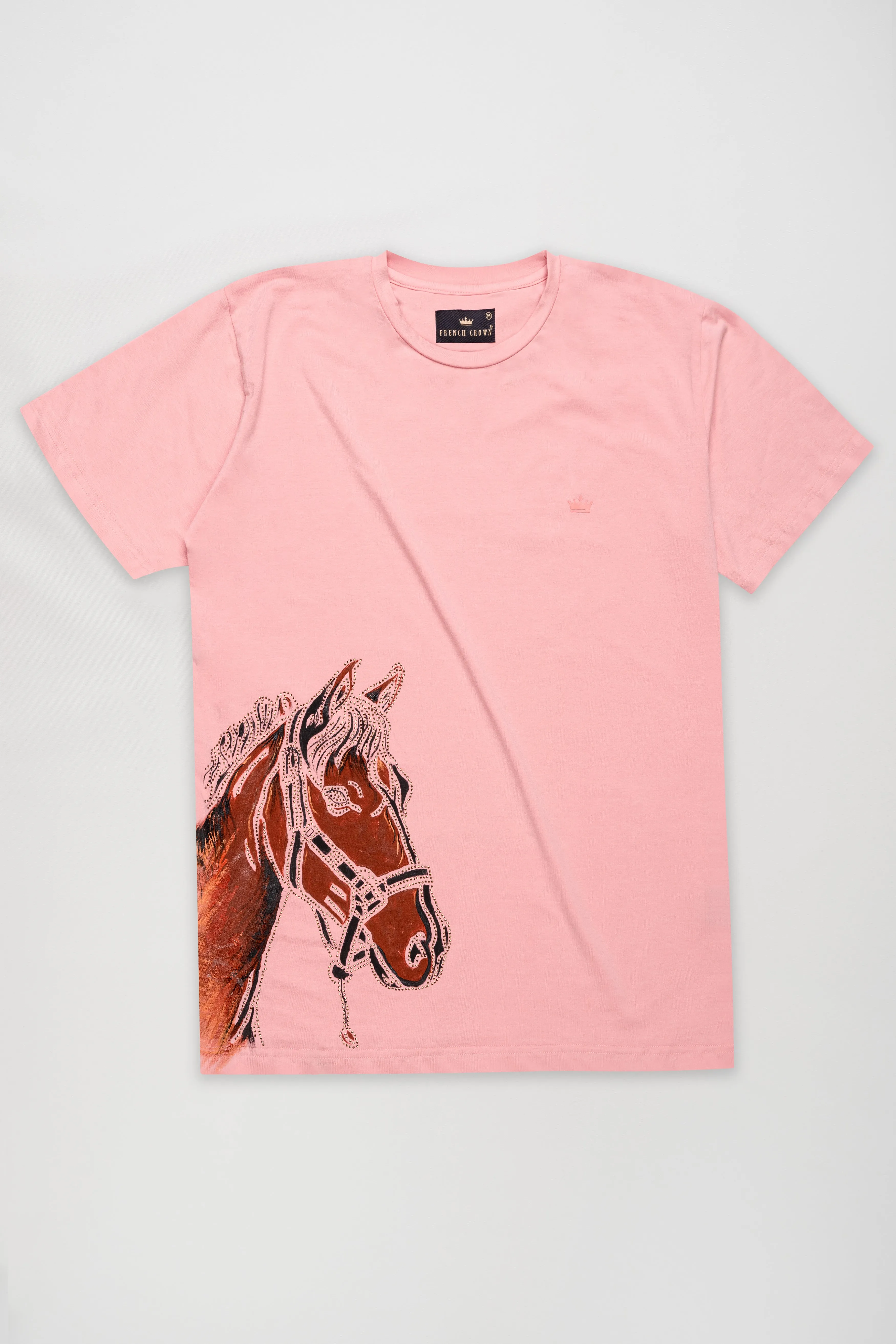 Beauty Bush Pink Funky Horse Hand Painted with Stonwork Organic Cotton T-Shirt