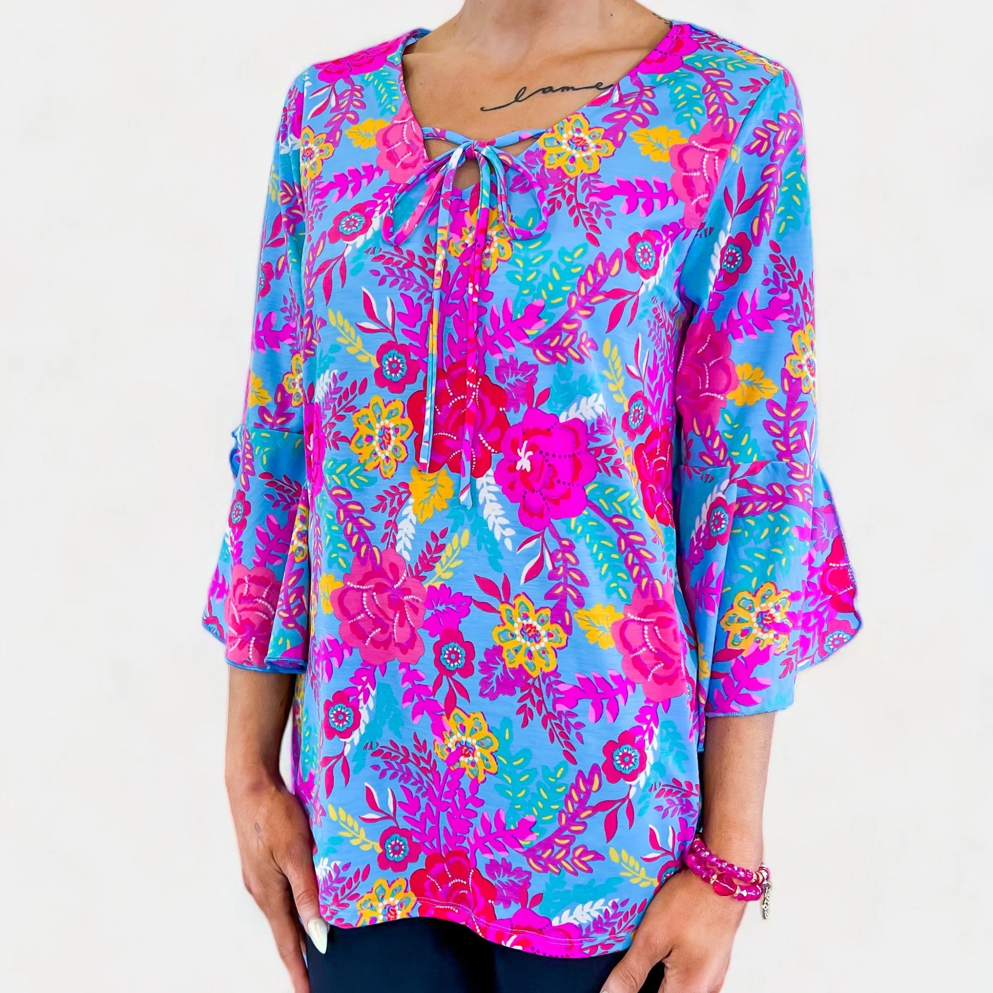 Blue Floral Bell Sleeve Top [NO RETURNS]