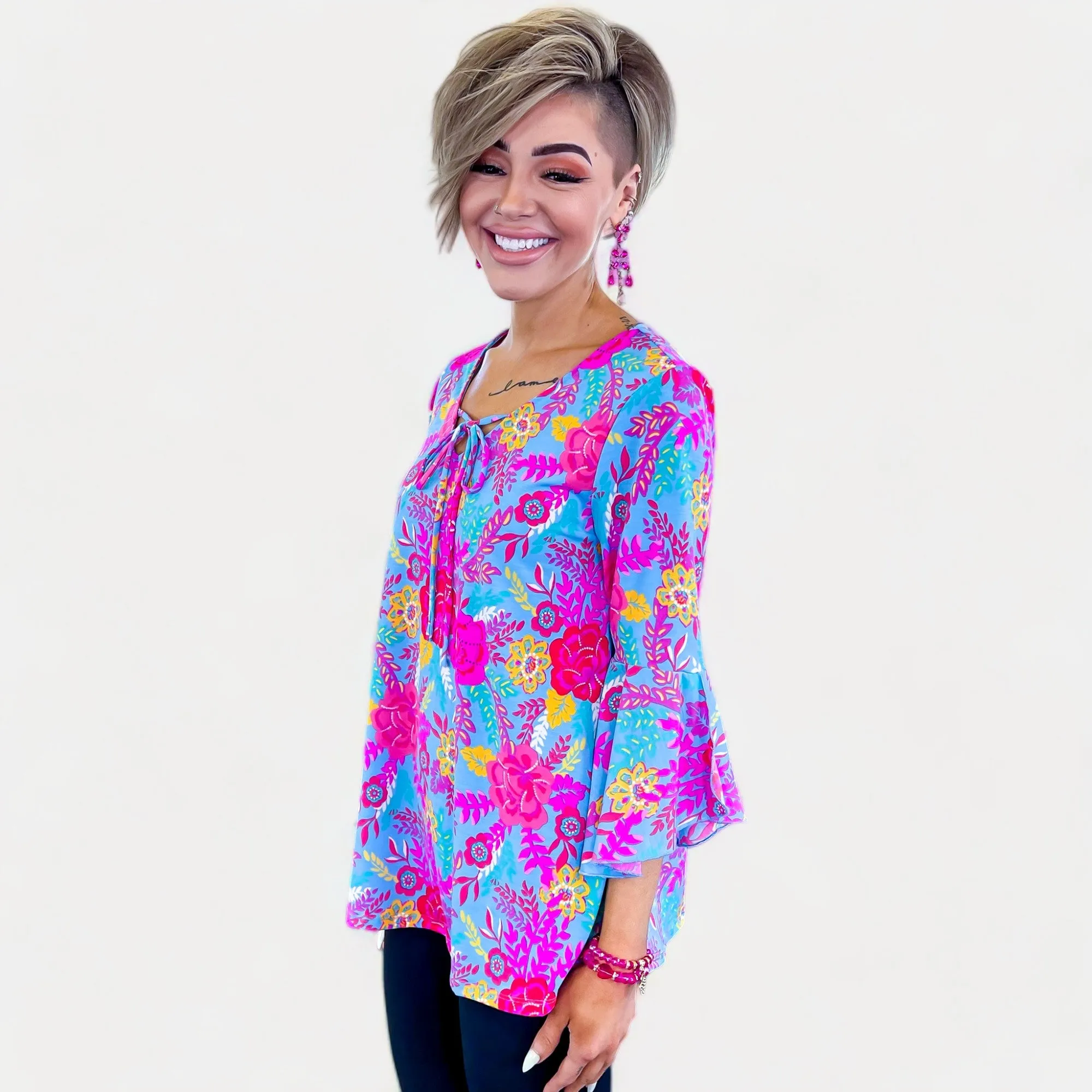 Blue Floral Bell Sleeve Top [NO RETURNS]