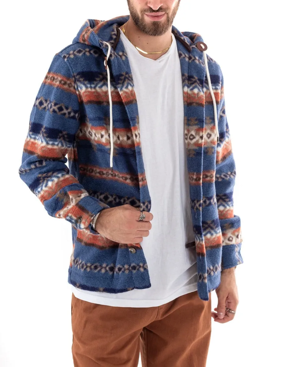 Cappotto Giubbotto Uomo Camicia Camicione Con Cappuccio Casual Fantasia Blu GIOSAL-G2924A