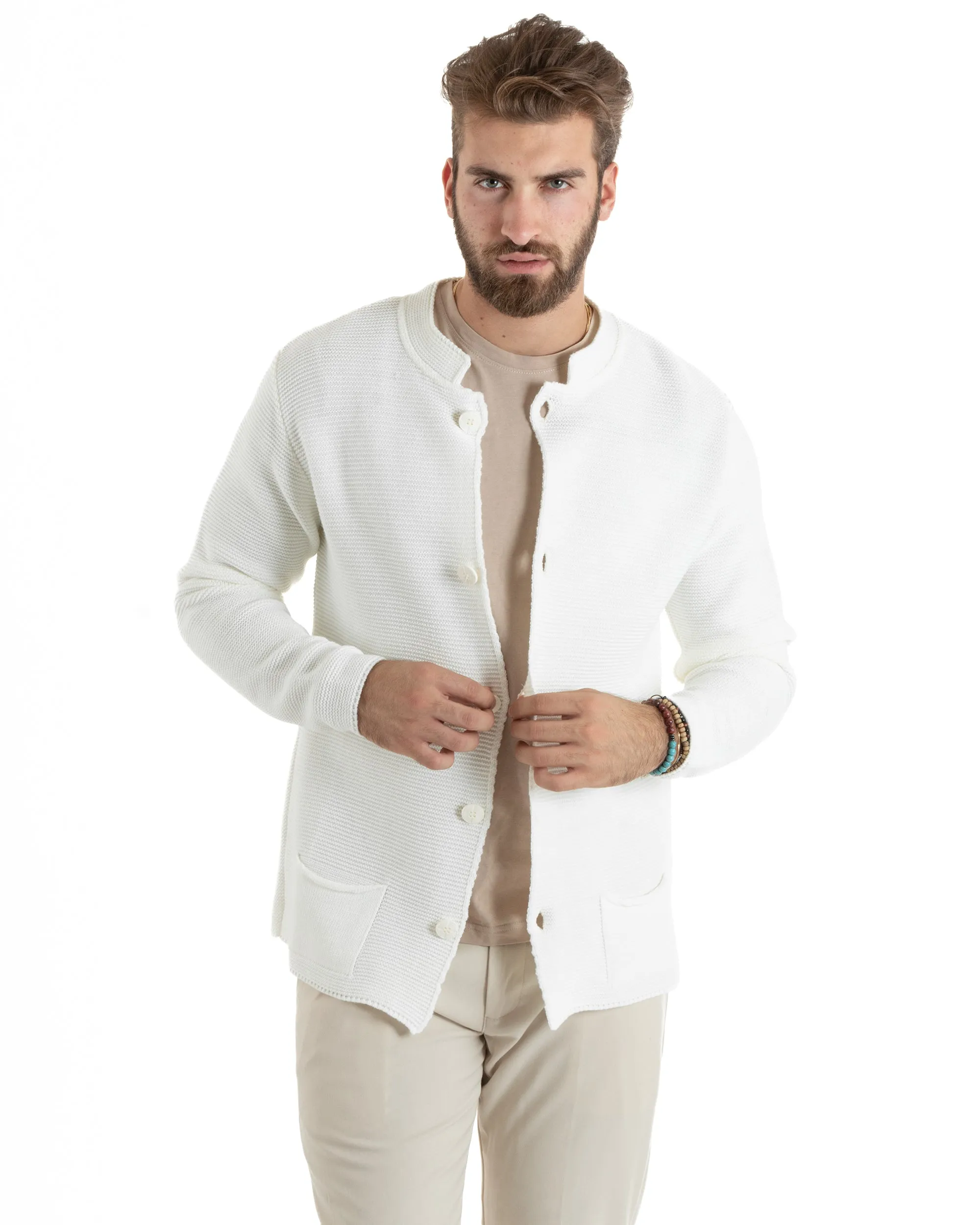 Cardigan Uomo Collo Coreano Maglioncino Monopetto Maglia Giacca Con Bottoni Panna Casual GIOSAL-M2668A