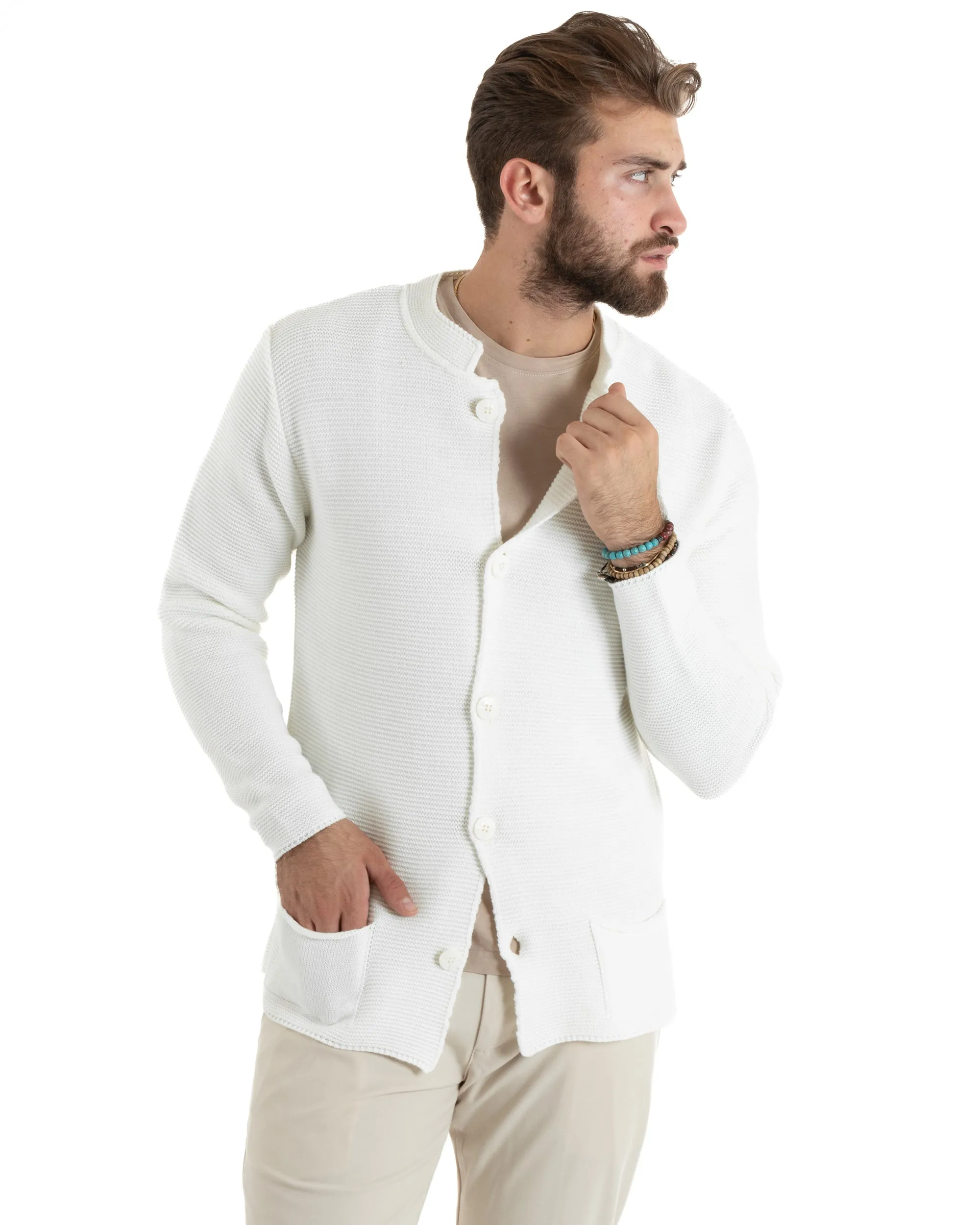 Cardigan Uomo Collo Coreano Maglioncino Monopetto Maglia Giacca Con Bottoni Panna Casual GIOSAL-M2668A