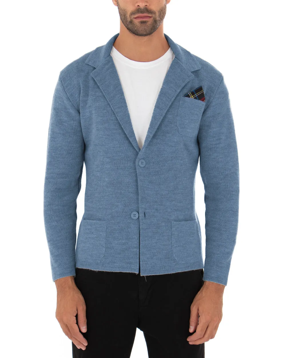 Cardigan Uomo Giacca Con Bottoni Maglia Maglioncino Tinta Unita Blu Jeans Casual GIOSAL-M2826A