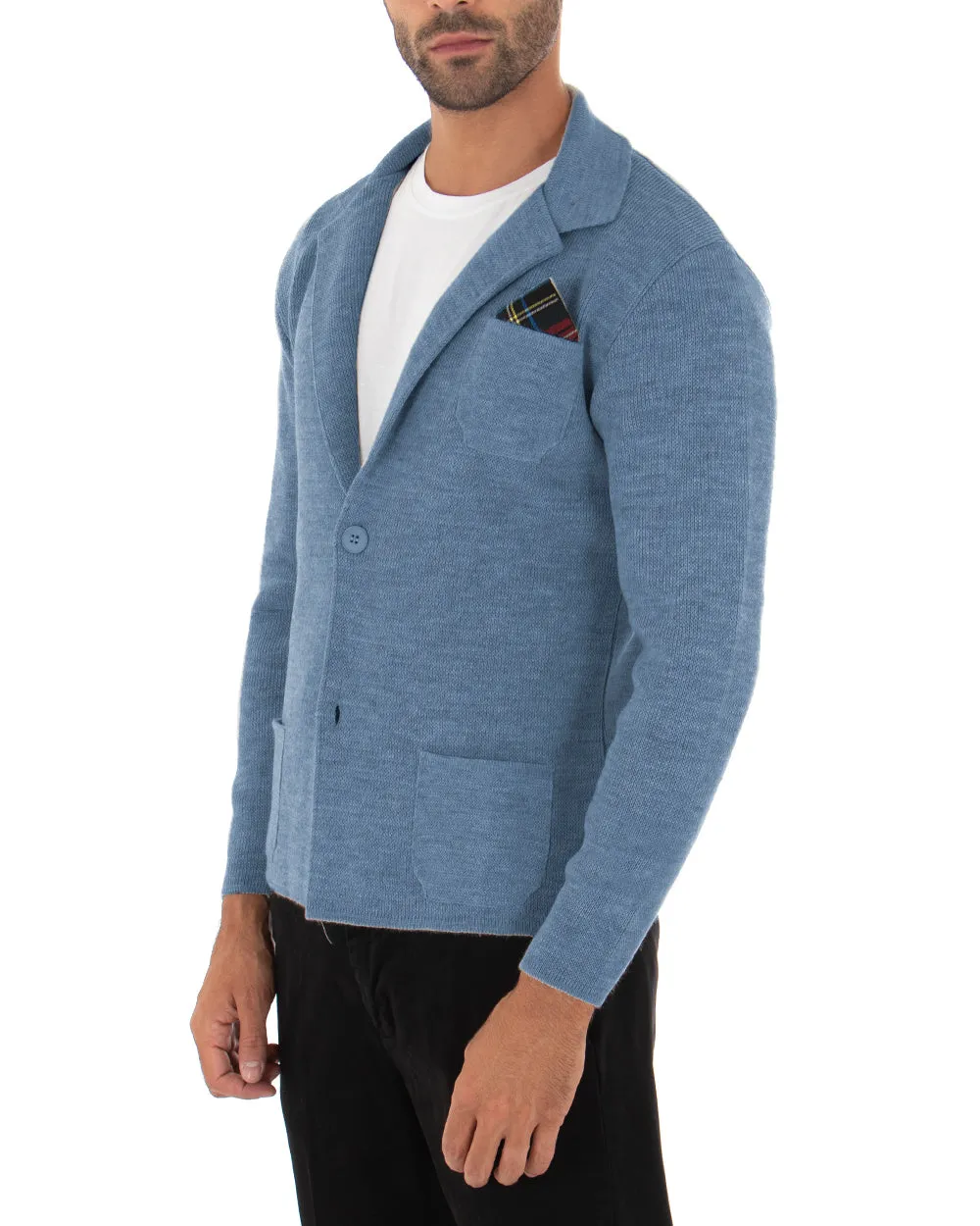 Cardigan Uomo Giacca Con Bottoni Maglia Maglioncino Tinta Unita Blu Jeans Casual GIOSAL-M2826A