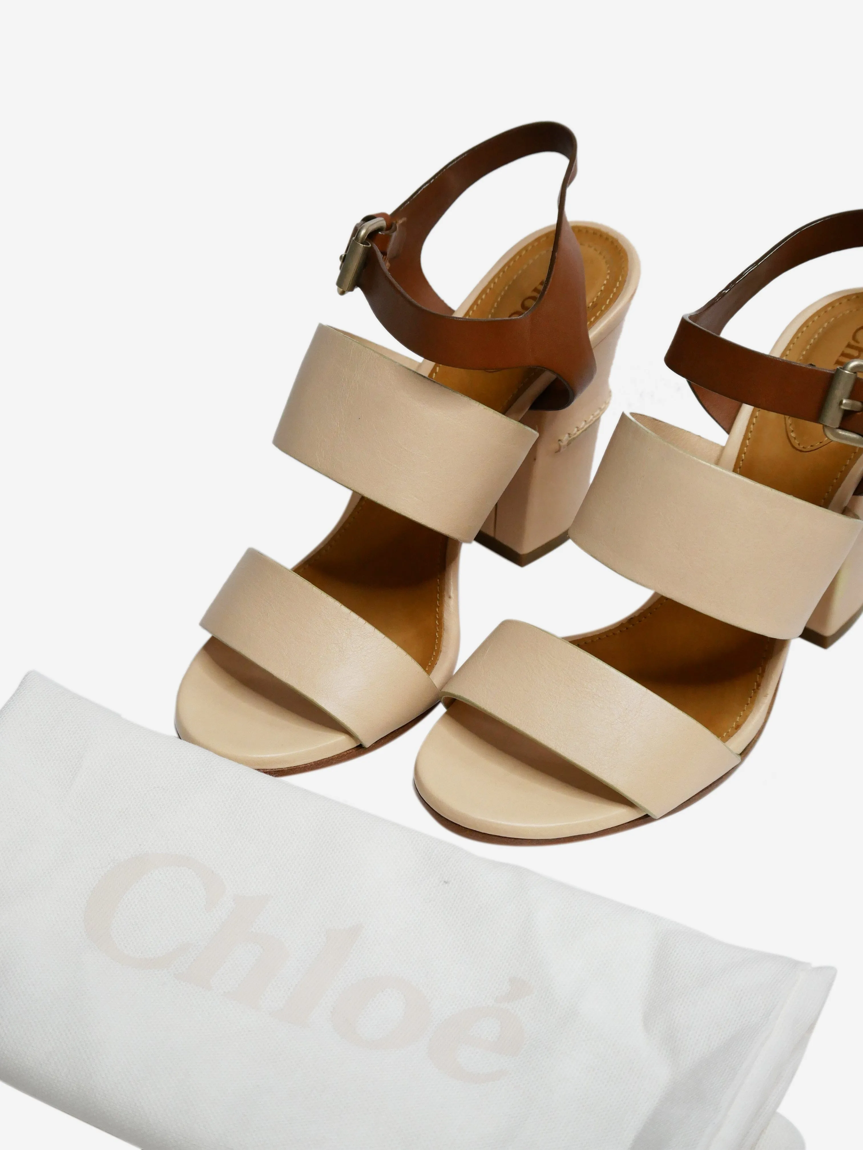 Chloe Brown & Pink Heeled Sandals with ankle strap - size EU 36