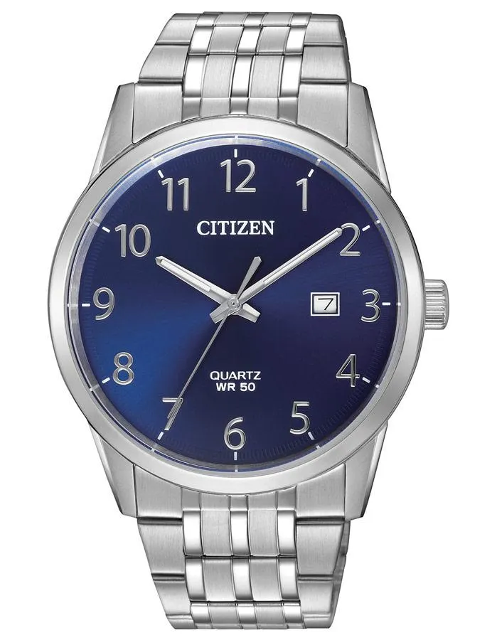 Citizen Mens Quartz Watch - Stainless Steel - Round Blue Dial - Bracelet - Date