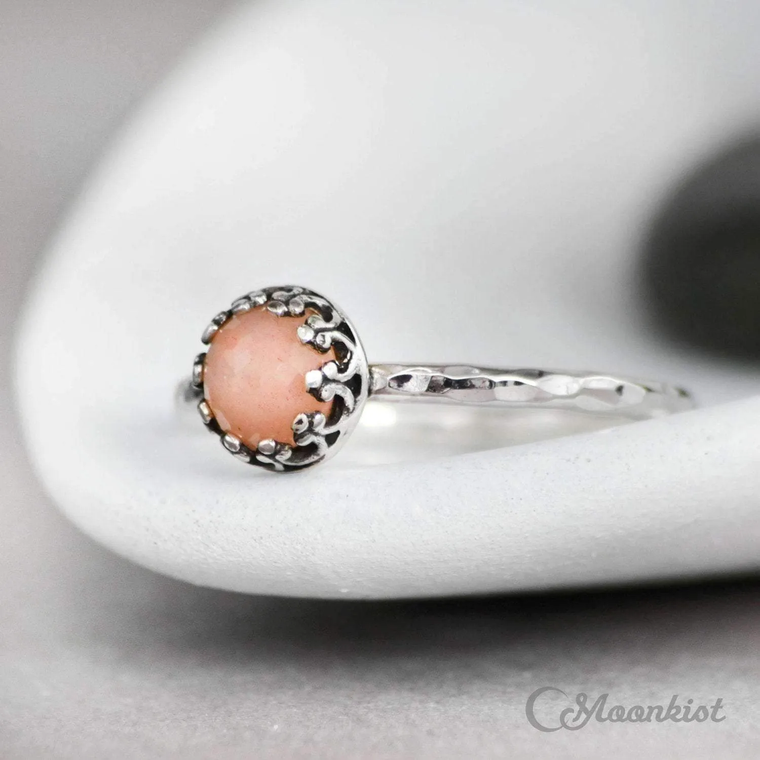 Dainty Peach Moonstone Promise Ring, Sterling Silver | Moonkist Designs