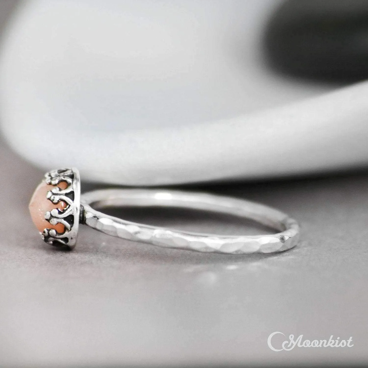 Dainty Peach Moonstone Promise Ring, Sterling Silver | Moonkist Designs