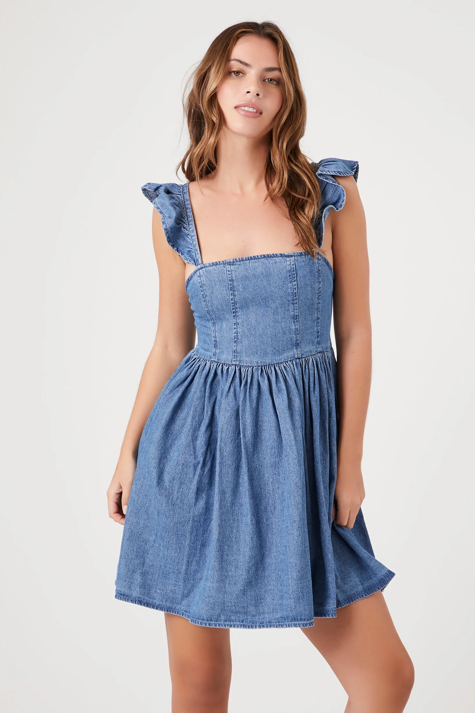 Denim Ruffle-Strap Mini Dress