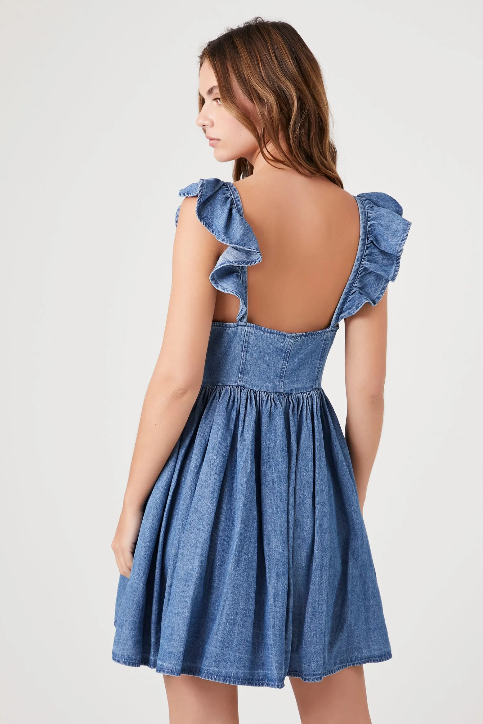 Denim Ruffle-Strap Mini Dress