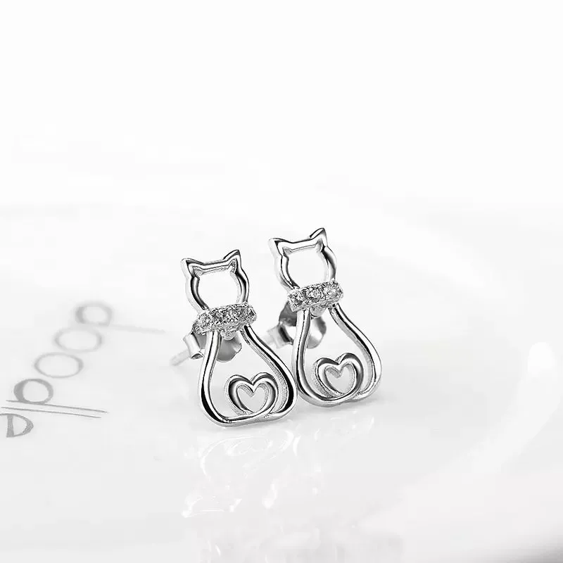 Doodle Cat with CZ Collar Earrings in Solid 925 Sterling Silver