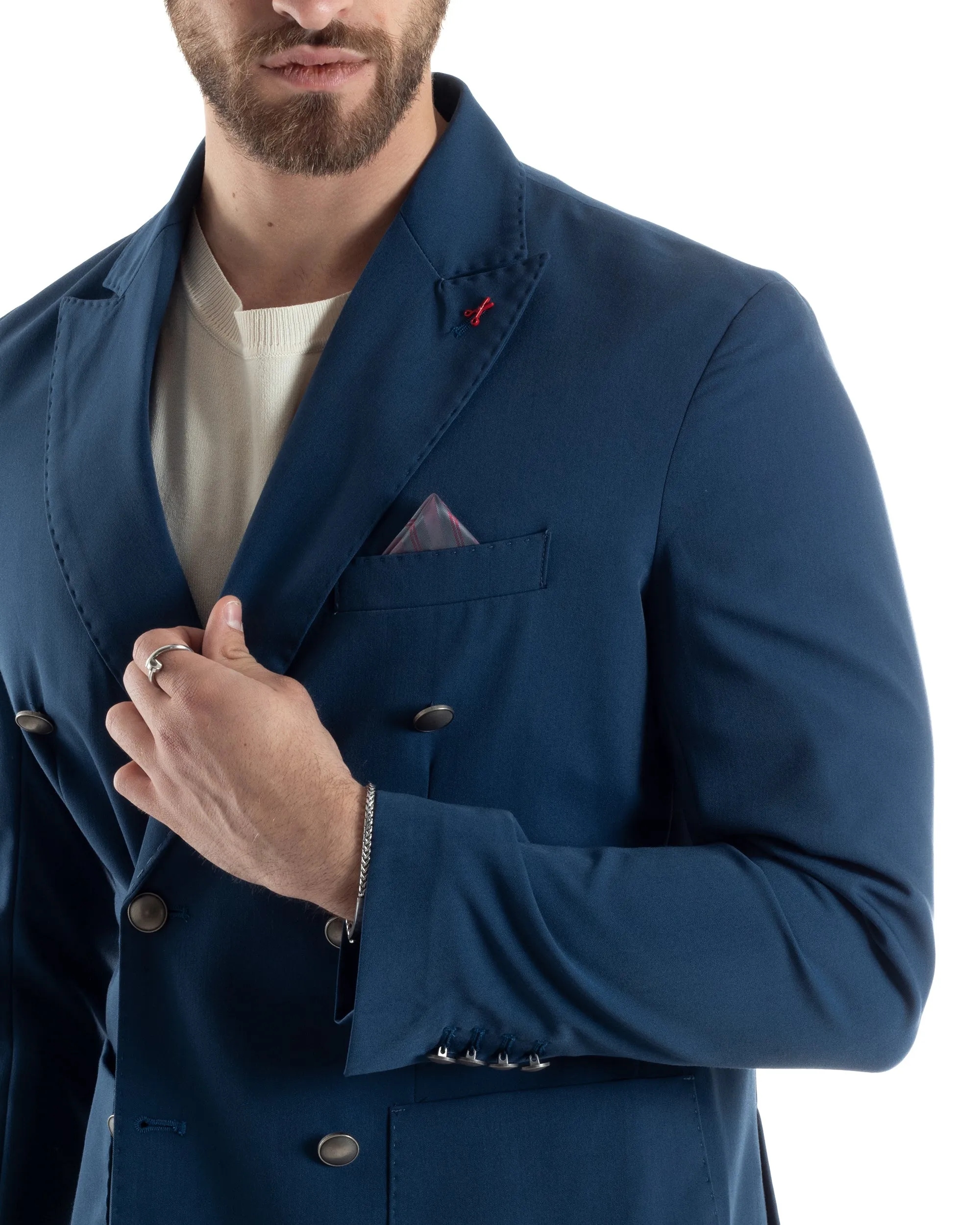 Giacca Uomo Doppiopetto Viscosa Tinta Unita Blu Sartoriale Cerimonia Elegante Casual GIOSAL-G3165A