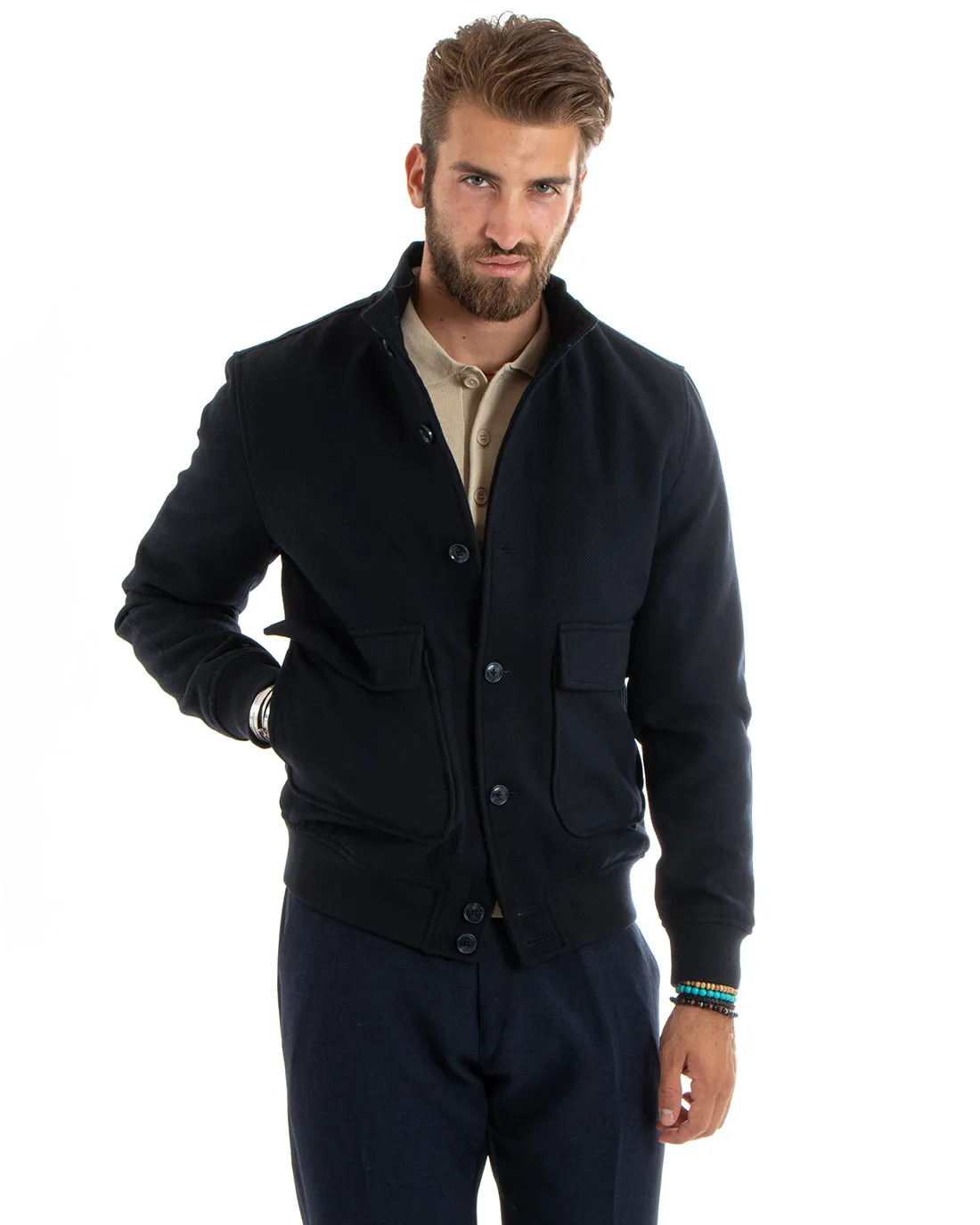 Giubbotto Uomo Giacca Di Lana College In Panno Bottoni Blu Casual GIOSAL-G3093A