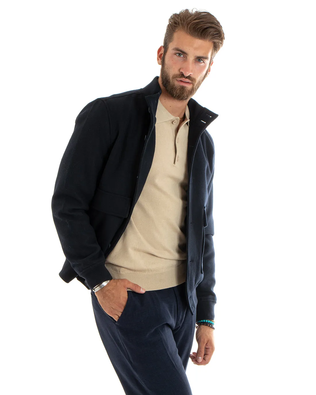 Giubbotto Uomo Giacca Di Lana College In Panno Bottoni Blu Casual GIOSAL-G3093A