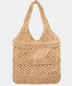 Intricate Straw Handle Tote Bag - Khaki