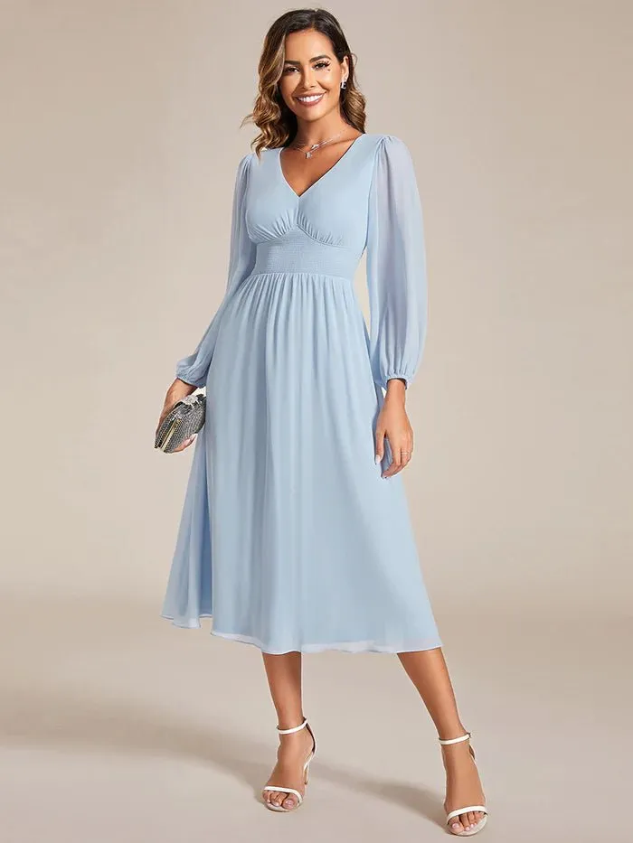 Knee Length Long Sleeves Chiffon Bridesmaid Dress