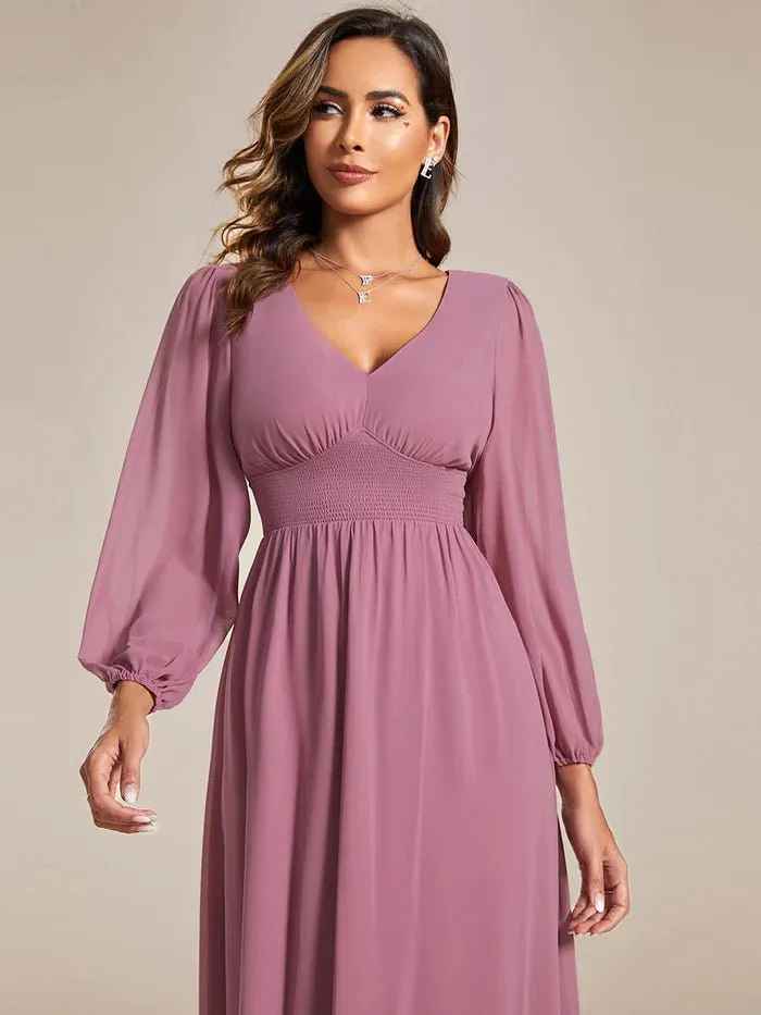 Knee Length Long Sleeves Chiffon Bridesmaid Dress