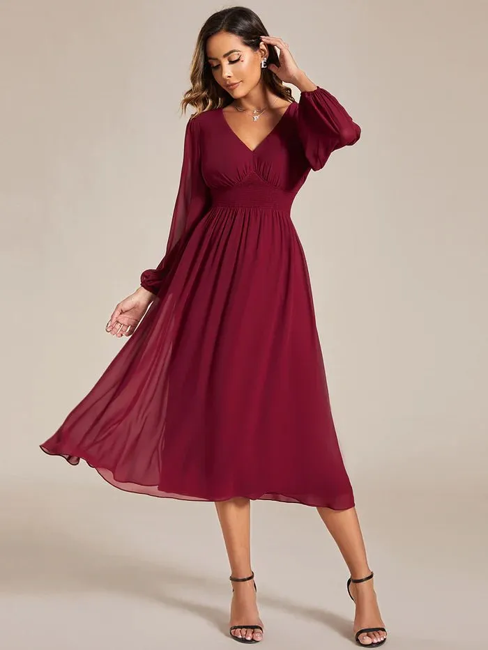 Knee Length Long Sleeves Chiffon Bridesmaid Dress