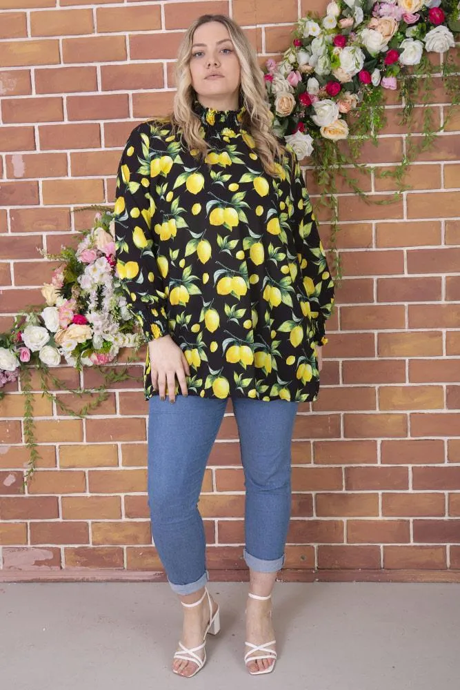 Lemon Print Ruched Neck Top