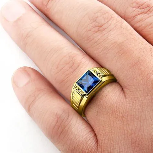 Men's Sapphire Ring REAL 14K SOLID GOLD with DIAMOND Accents Fine jewelry