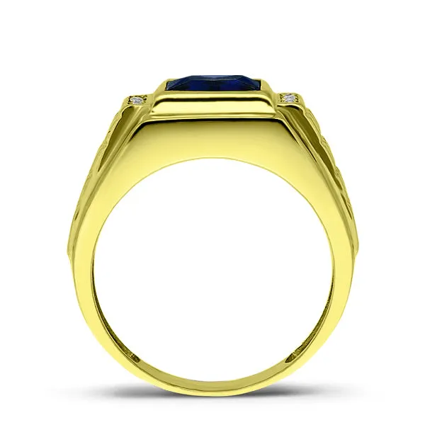 Mens Solid 14K Gold Blue Sapphire Ring 0.08ct Natural Diamonds Fine Ring for Man