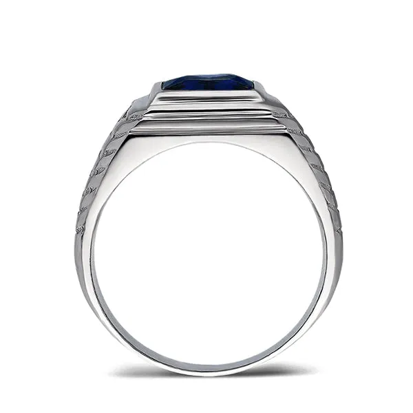 Mens Solid 14K White Gold Sapphire Ring 2 Natural Diamonds Heavy Ring for Man