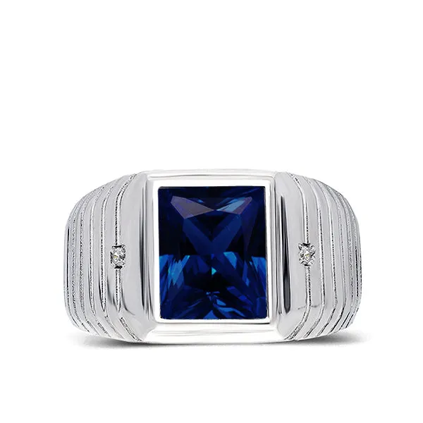 Mens Solid 14K White Gold Sapphire Ring 2 Natural Diamonds Heavy Ring for Man