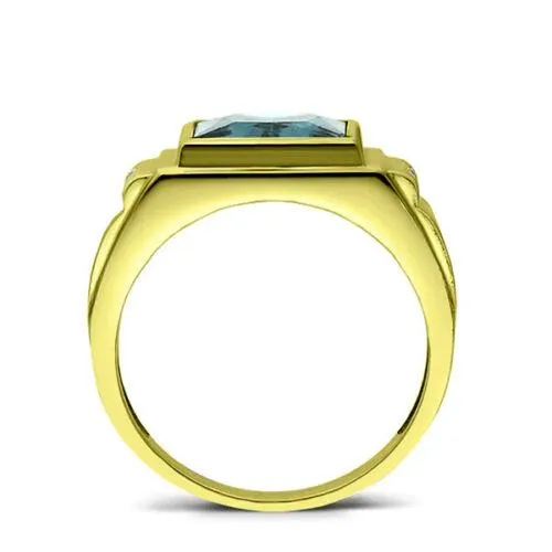 Men's Solid 18K Gold Blue Topaz Gemstone Ring 2 Natural Diamond Accents