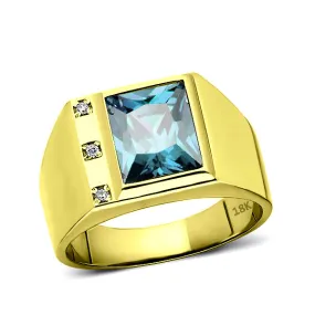 Mens Solid 18K Gold Blue Topaz Ring with 3 Natural Diamond Accents All Sizes