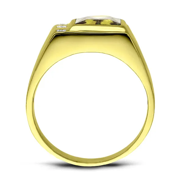 Mens Solid 18K Gold Ring Yellow Citrine Gemstone 0.06ct Natural Diamond Accents