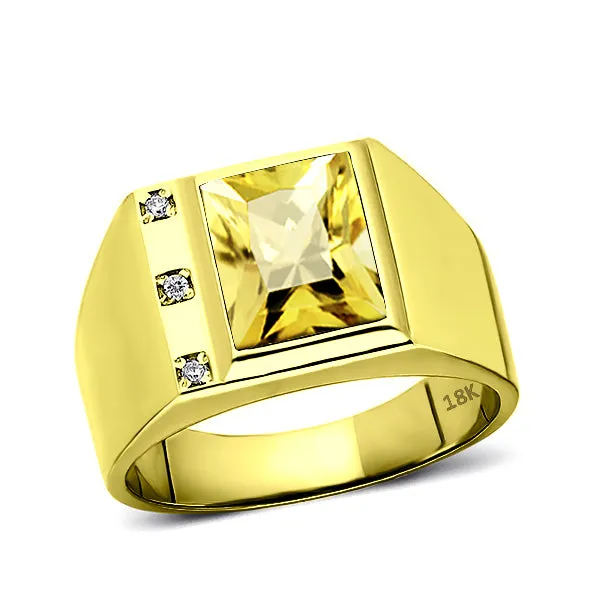 Mens Solid 18K Gold Ring Yellow Citrine Gemstone 0.06ct Natural Diamond Accents